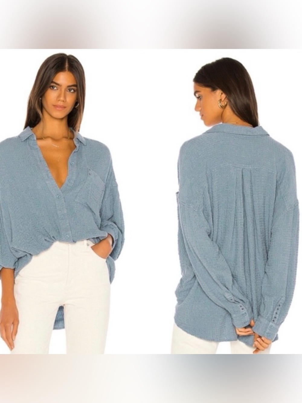 We the Free | Blue Textured Button Down w Cross Front, XS